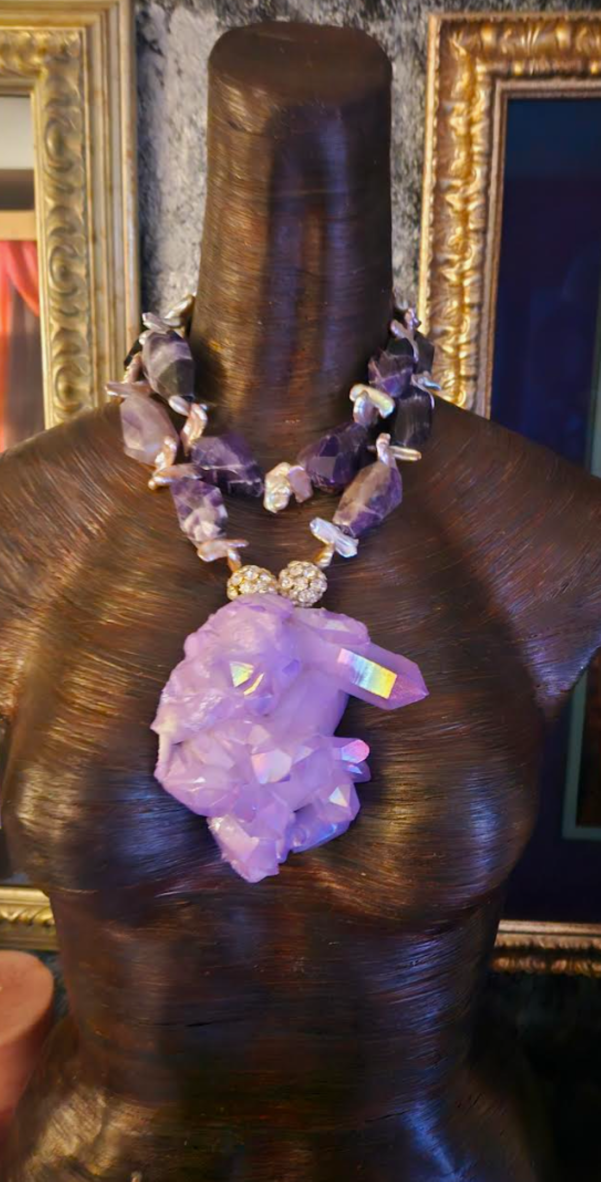Freshwater Pearl & Chevron Amethyst Necklace - Purple Aura Quartz
