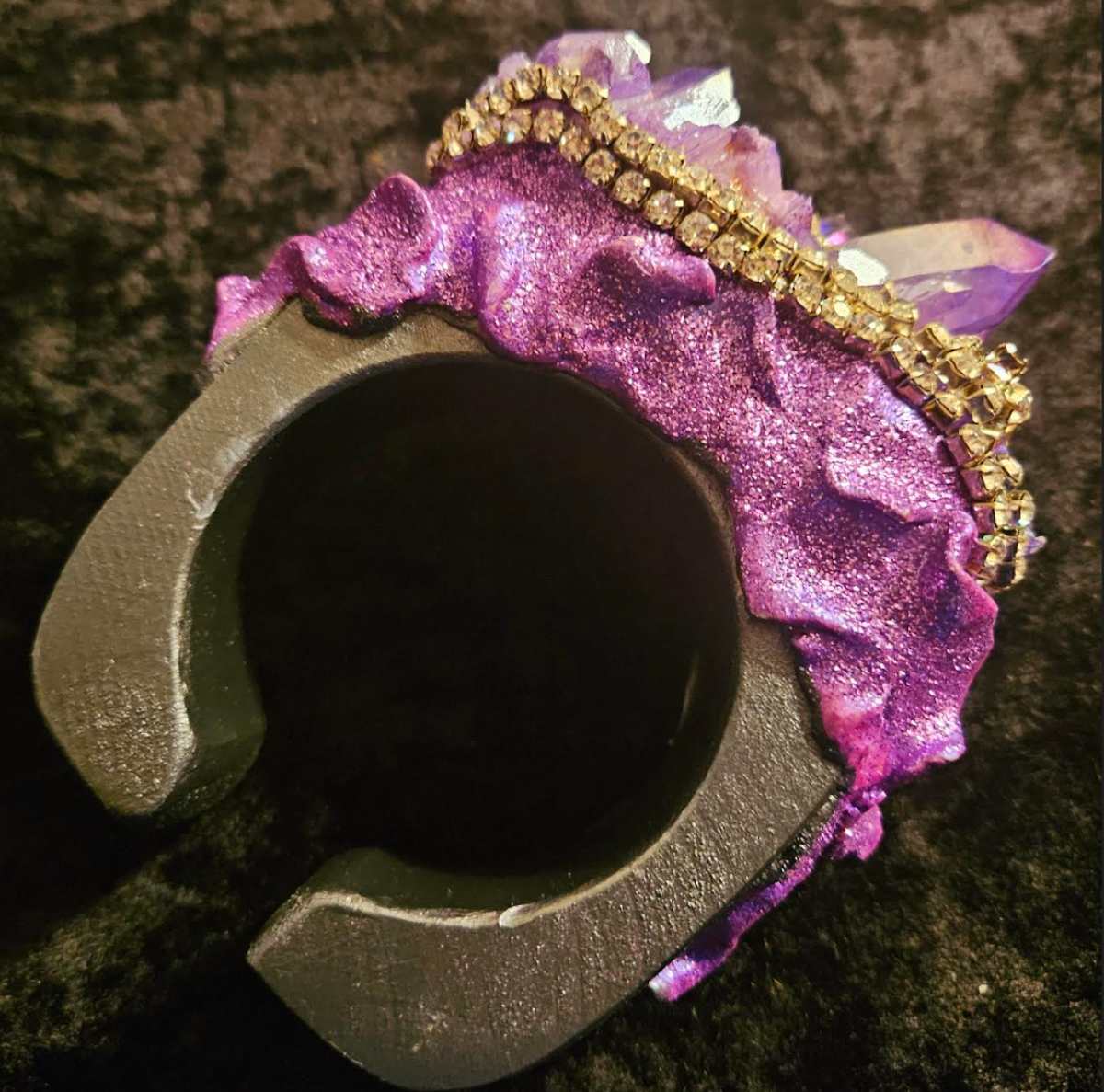 Sculpted Purple Aura Quartz & Rhinestone Oversized Cuff - Photoshoot