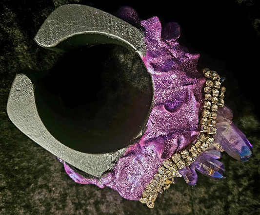 Sculpted Purple Aura Quartz & Rhinestone Oversized Cuff - Photoshoot