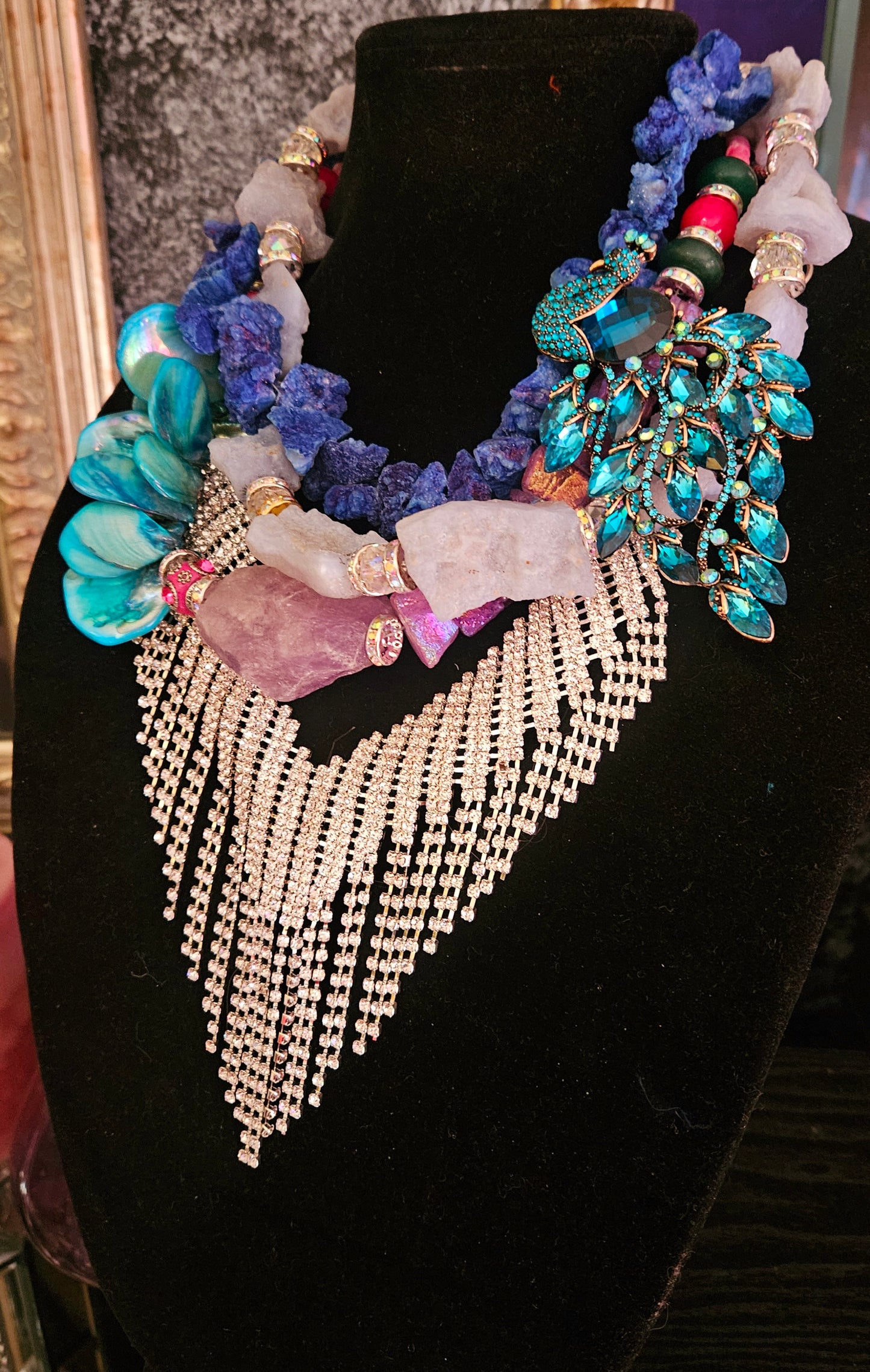 Rhinestone & Gemstone Assemblage Statement Luxury Necklace, OOAK Art t