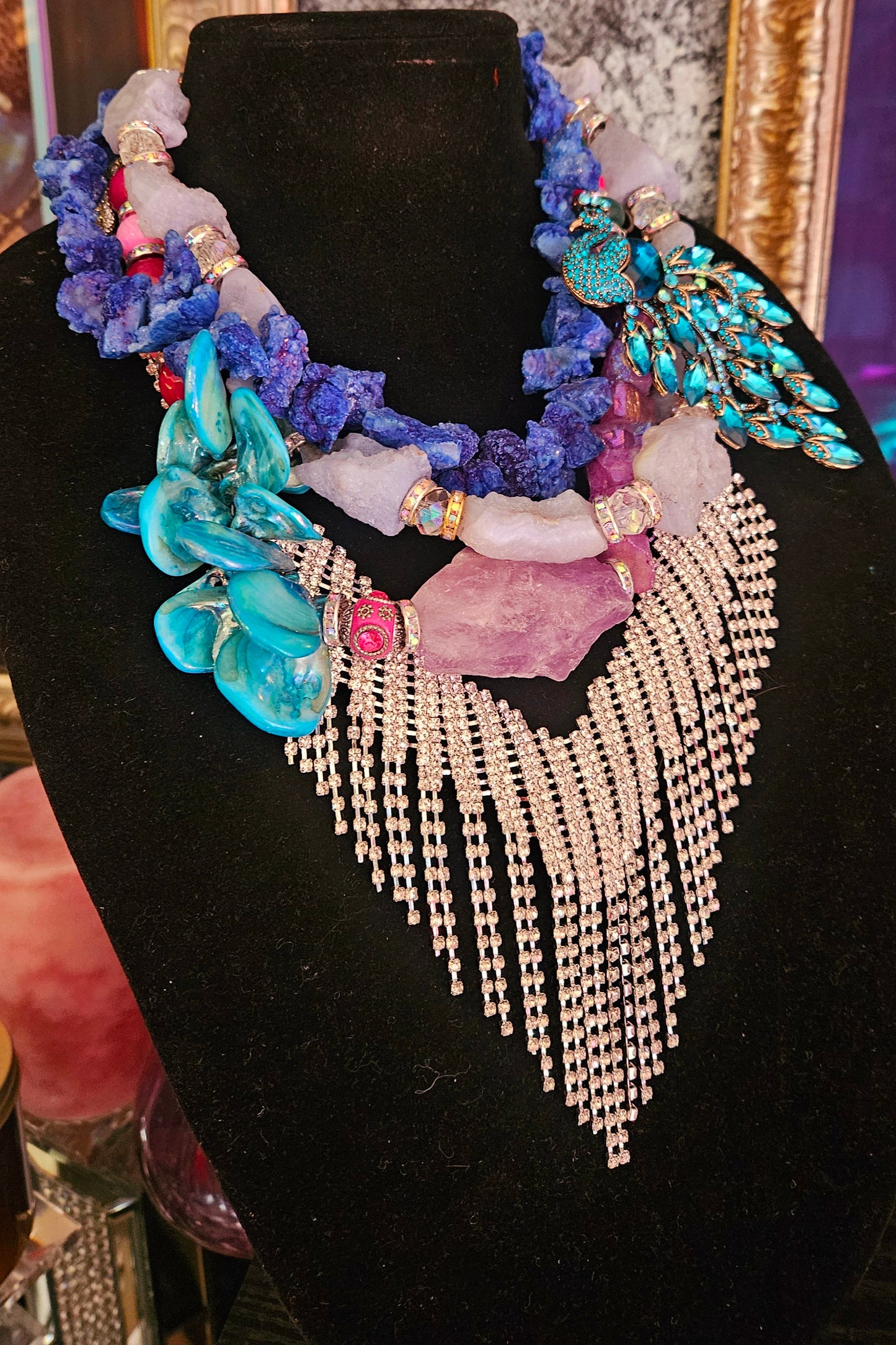 Rhinestone & Gemstone Assemblage Statement Luxury Necklace, OOAK Art t