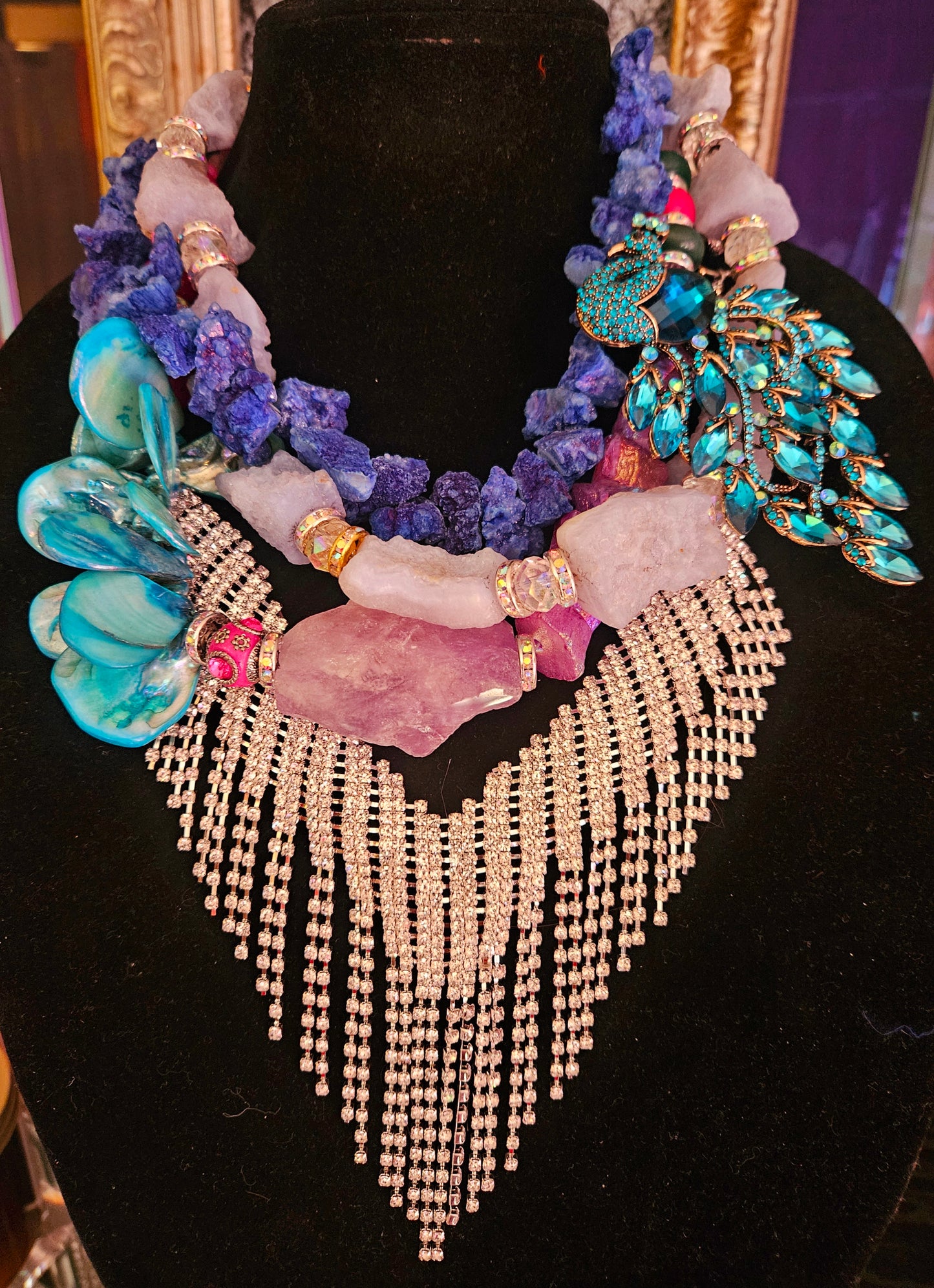 Rhinestone & Gemstone Assemblage Statement Necklace, OOAK Art