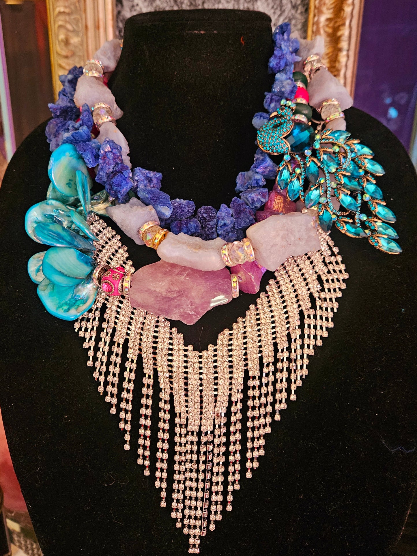Rhinestone & Gemstone Assemblage Statement Necklace, OOAK Art