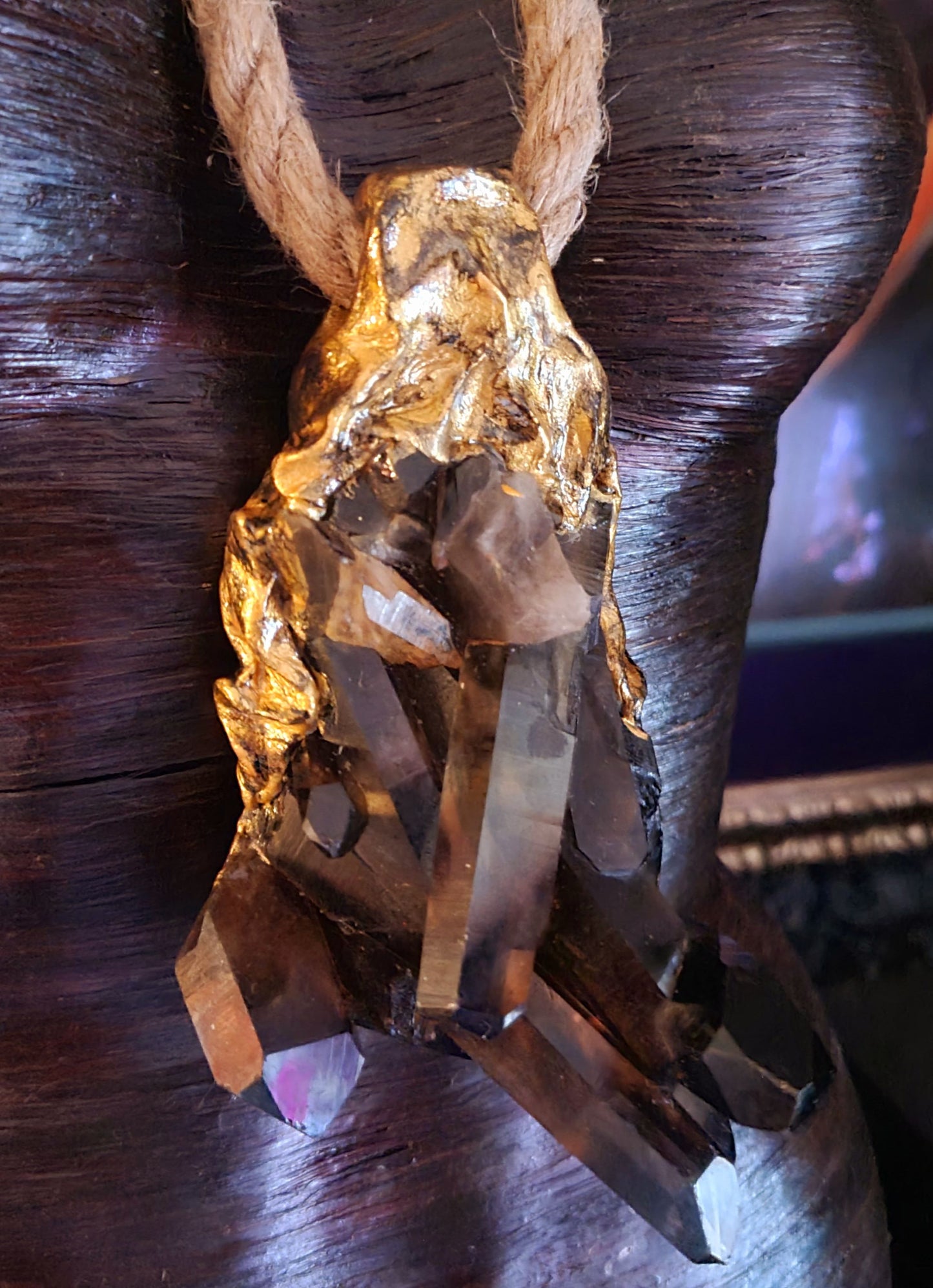 Gemmy Smoky Quartz Sculpted Gemstone Pendant With Hemp Rope, Rough Bro