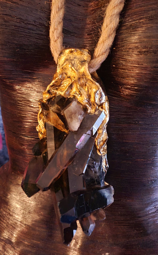 Smoky Quartz Sculpted Gemstone Pendant - Unisex Boho Couture Luxury