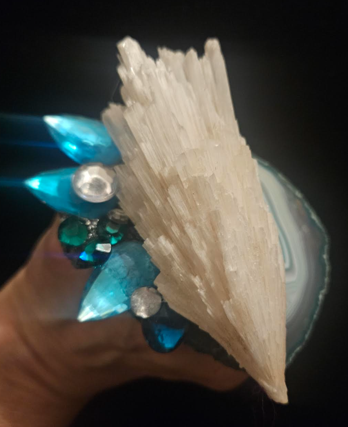 Scolecite & Crystal Teal Agate Two Finger Adjustable Statement Ring