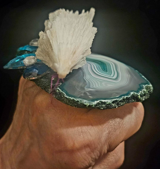 Scolecite & Crystal Teal Agate Two Finger Adjustable Statement Ring