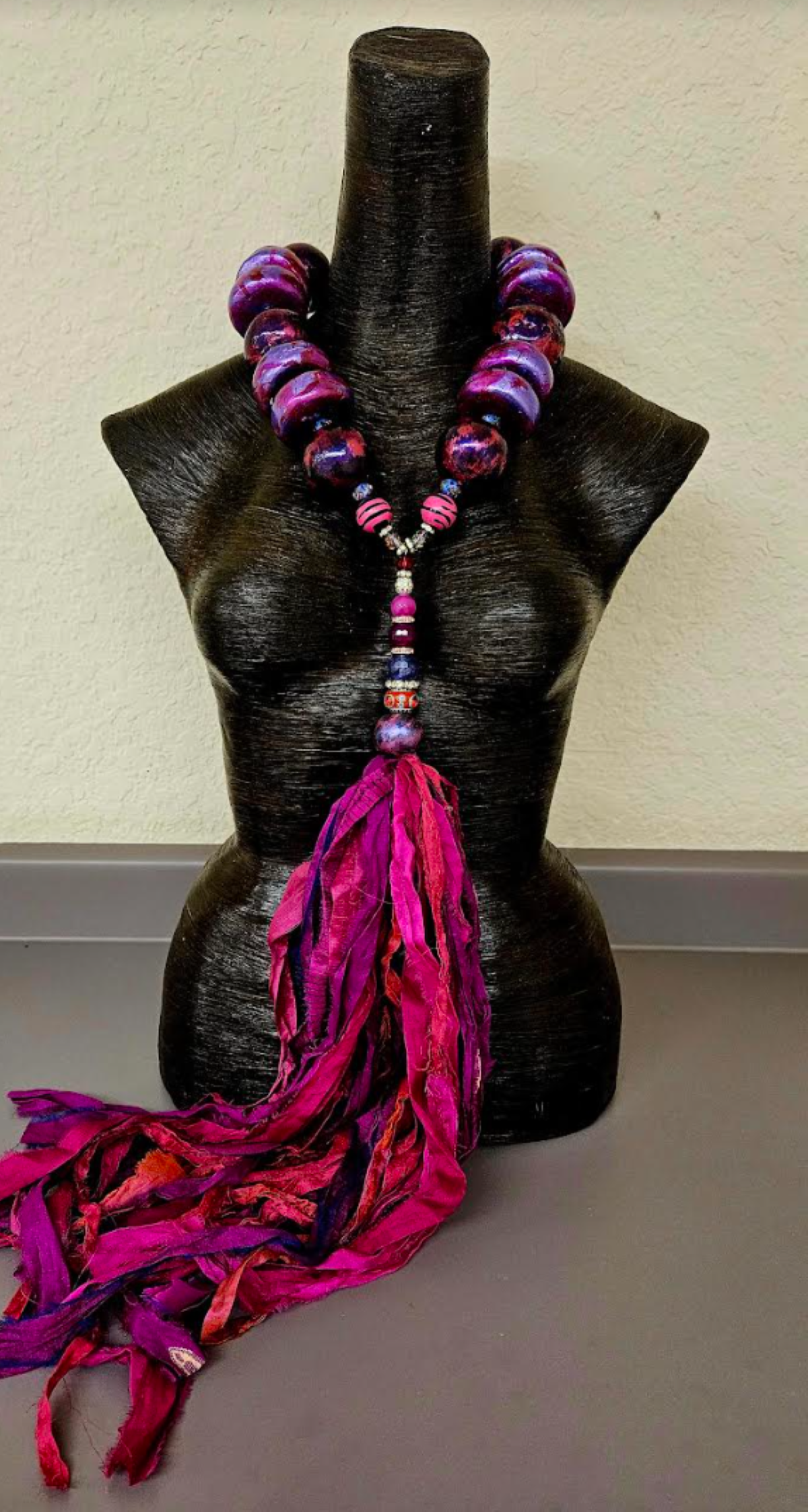 Sculpted Oversized Beaded Chest Piece with Sari Silk Ribbon Gemstone P