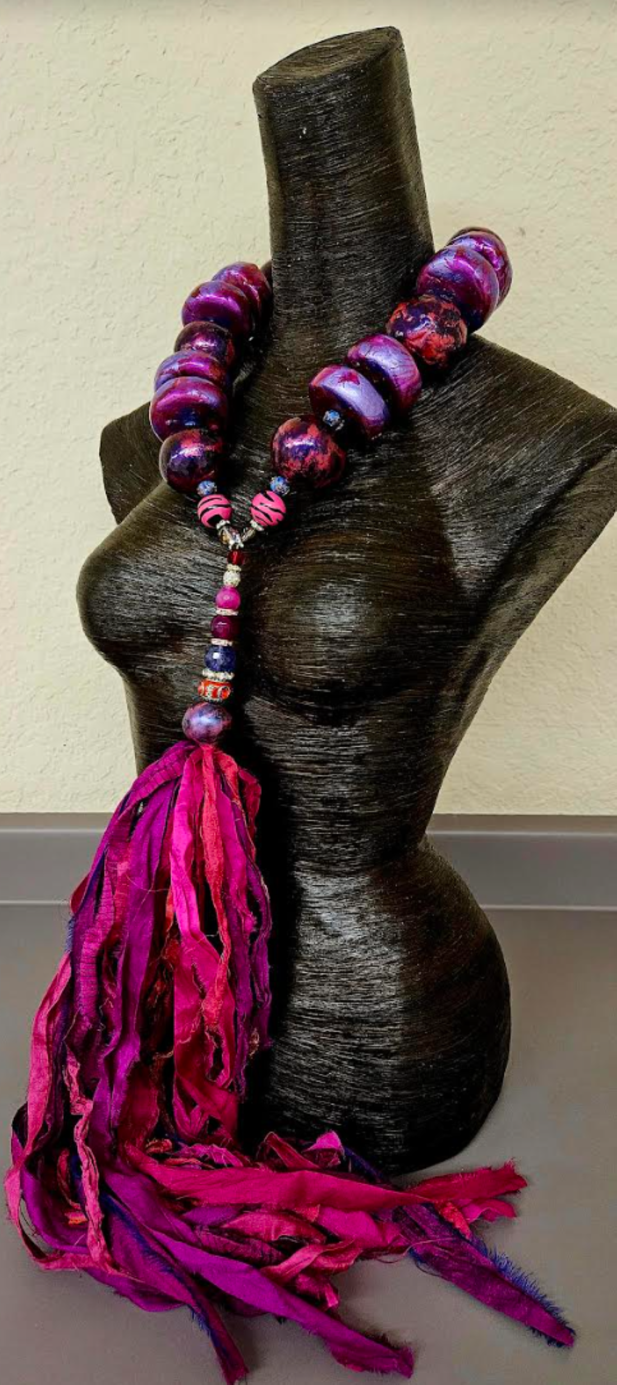 Sculpted Oversized Beaded Chest Piece with Sari Silk Ribbon Gemstone P