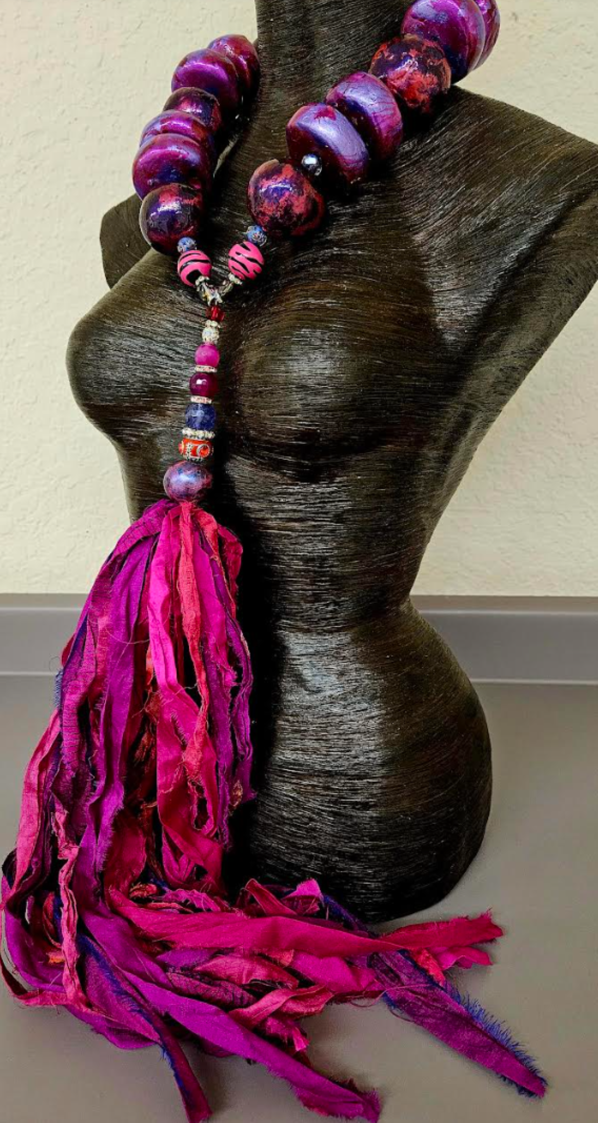 Sculpted Oversized Beaded Chest Piece with Sari Silk Ribbon Gemstone P