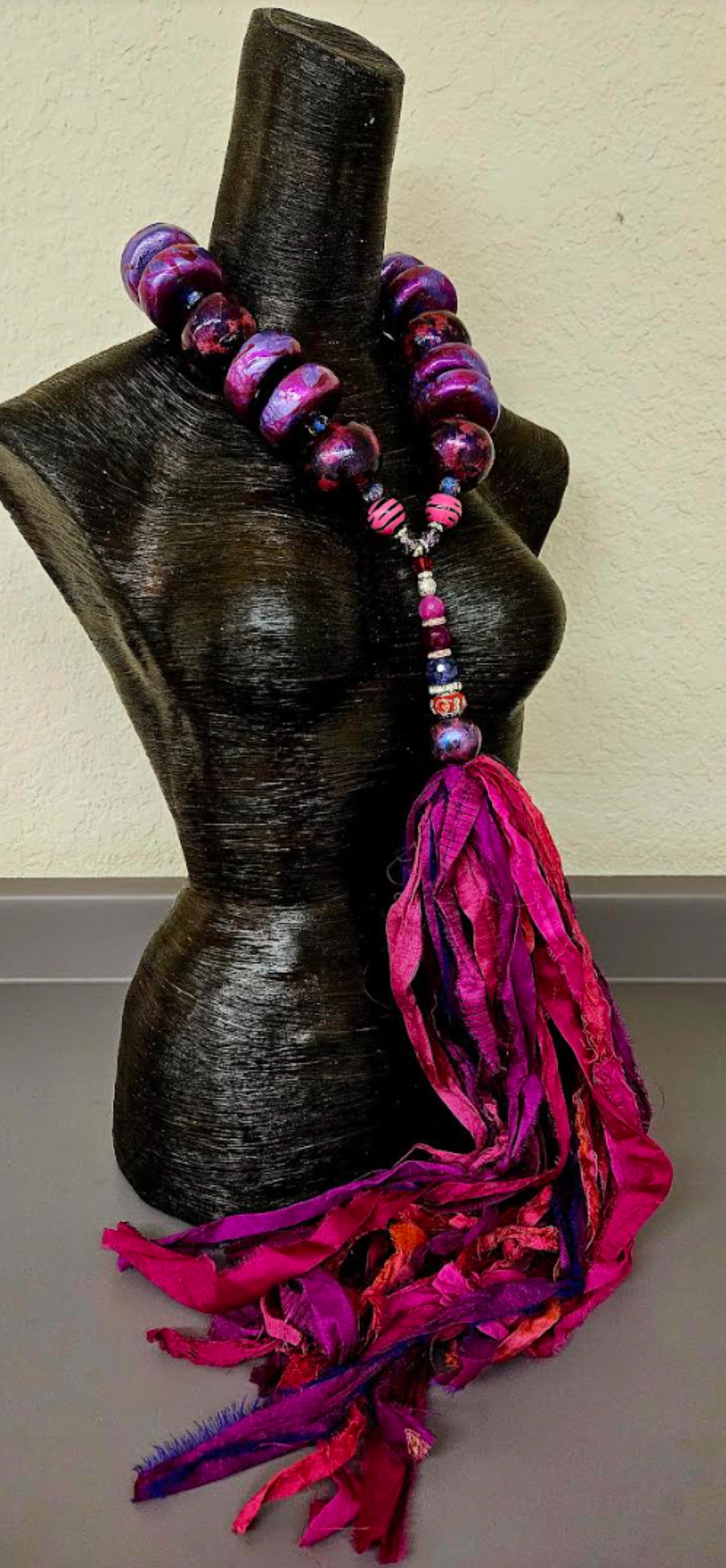 Sculpted Oversized Beaded Chest Piece with Sari Silk Ribbon Gemstone P