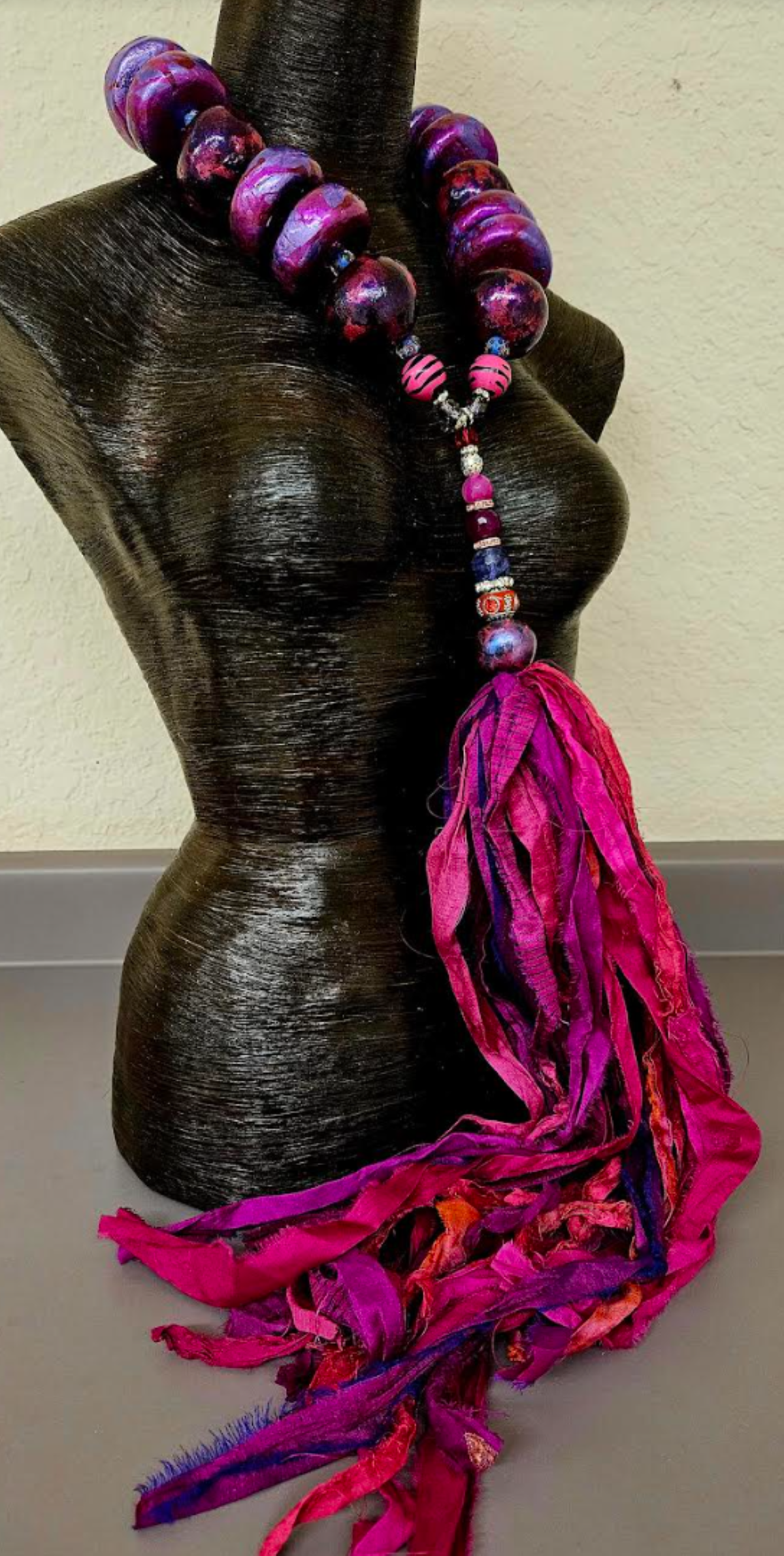 Sculpted Oversized Beaded Chest Piece with Sari Silk Ribbon Gemstone P
