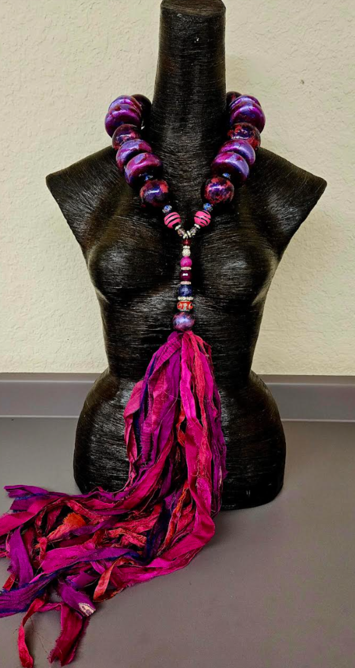 Sculpted Oversized Beaded Chest Piece with Sari Silk Ribbon Gemstone P