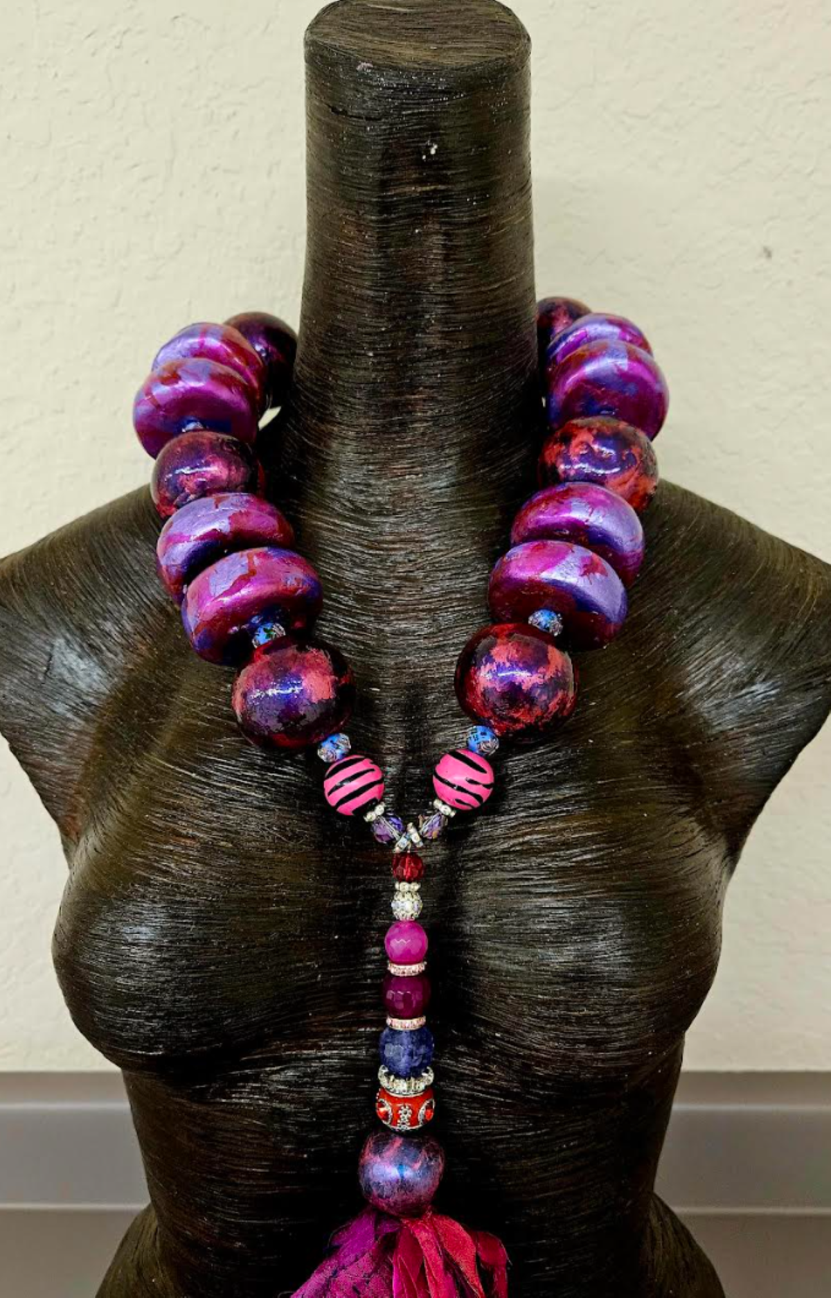 Sculpted Oversized Beaded Chest Piece with Sari Silk Ribbon Gemstone P