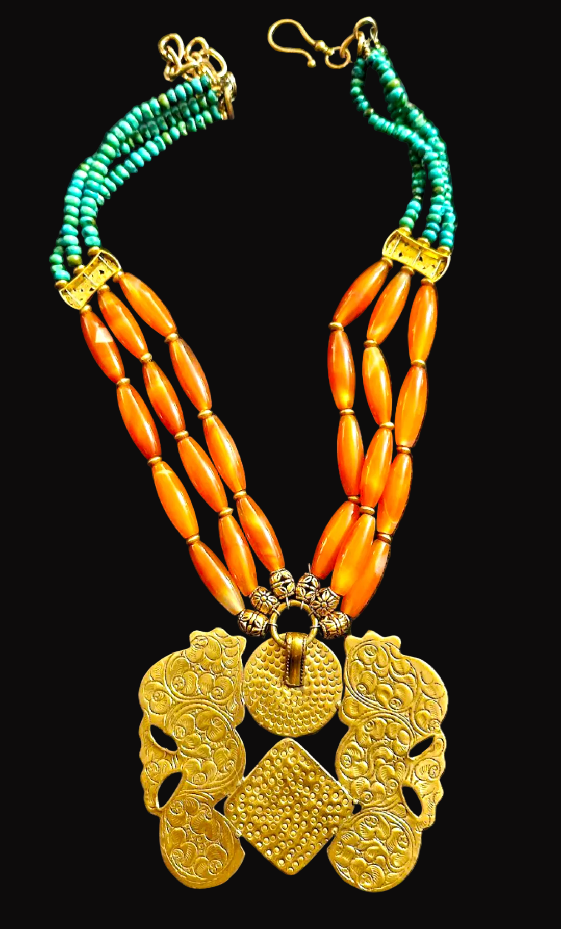 Double Brass Tibetan Seahorse & Gemstone Chest Piece - Bold Unisex