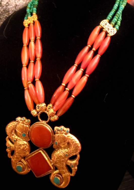 Double Brass Tibetan Seahorse & Gemstone Chest Piece Unisex Orang