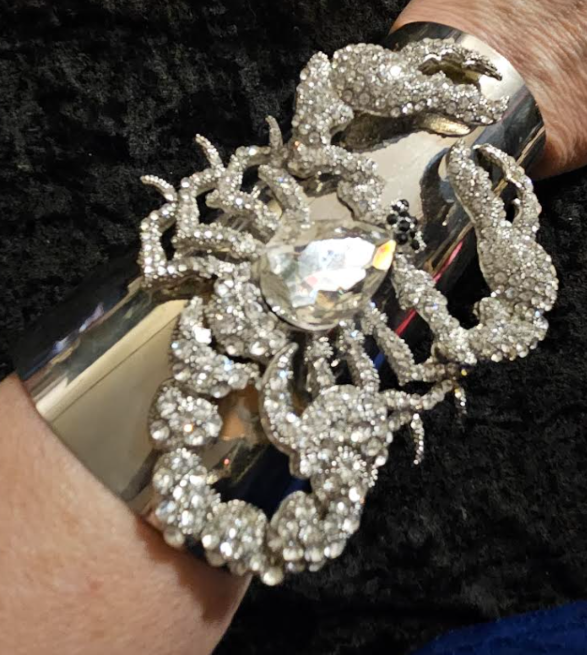 Wide Silver Tone Statement Cuff With Rhinestone Scorpion, Eccentric