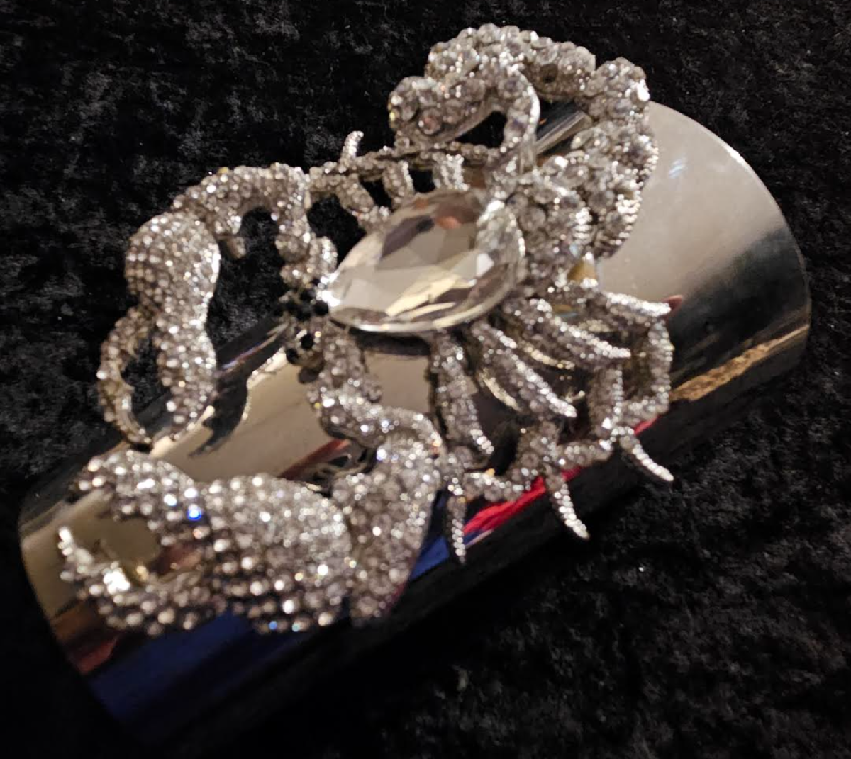 Wide Silver Tone Statement Cuff With Rhinestone Scorpion, Eccentric