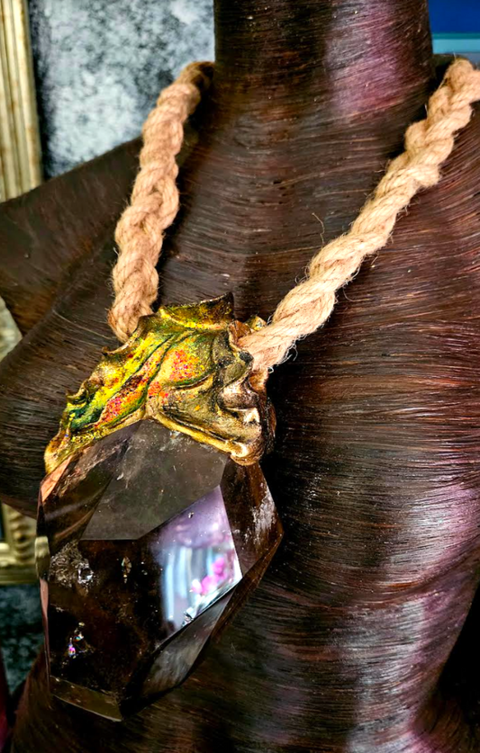 Luxury Faceted Smoky Quartz Amulet With Braided Hemp Rope, High End