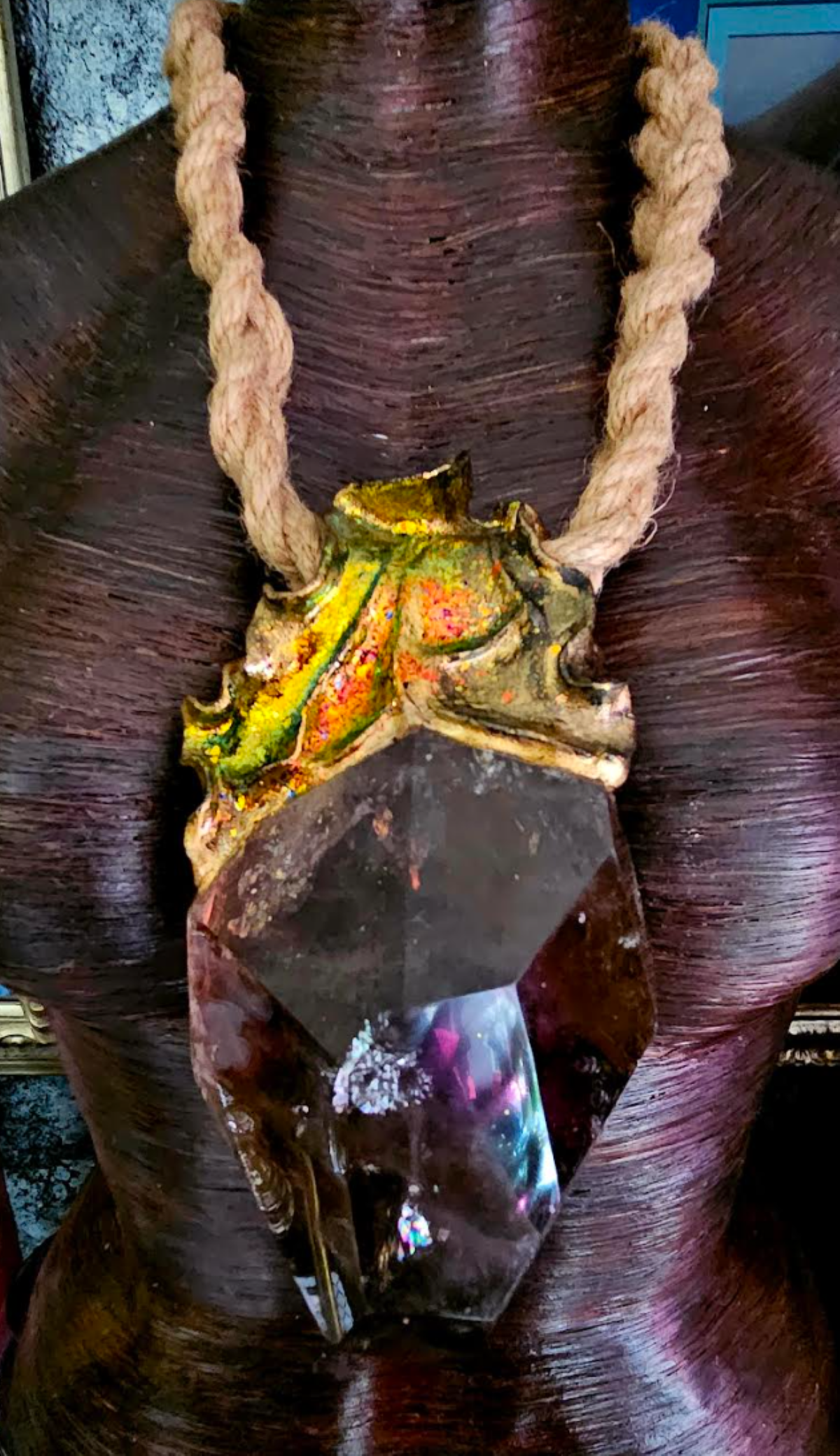 Luxury Faceted Smoky Quartz Amulet With Braided Hemp Rope, High End