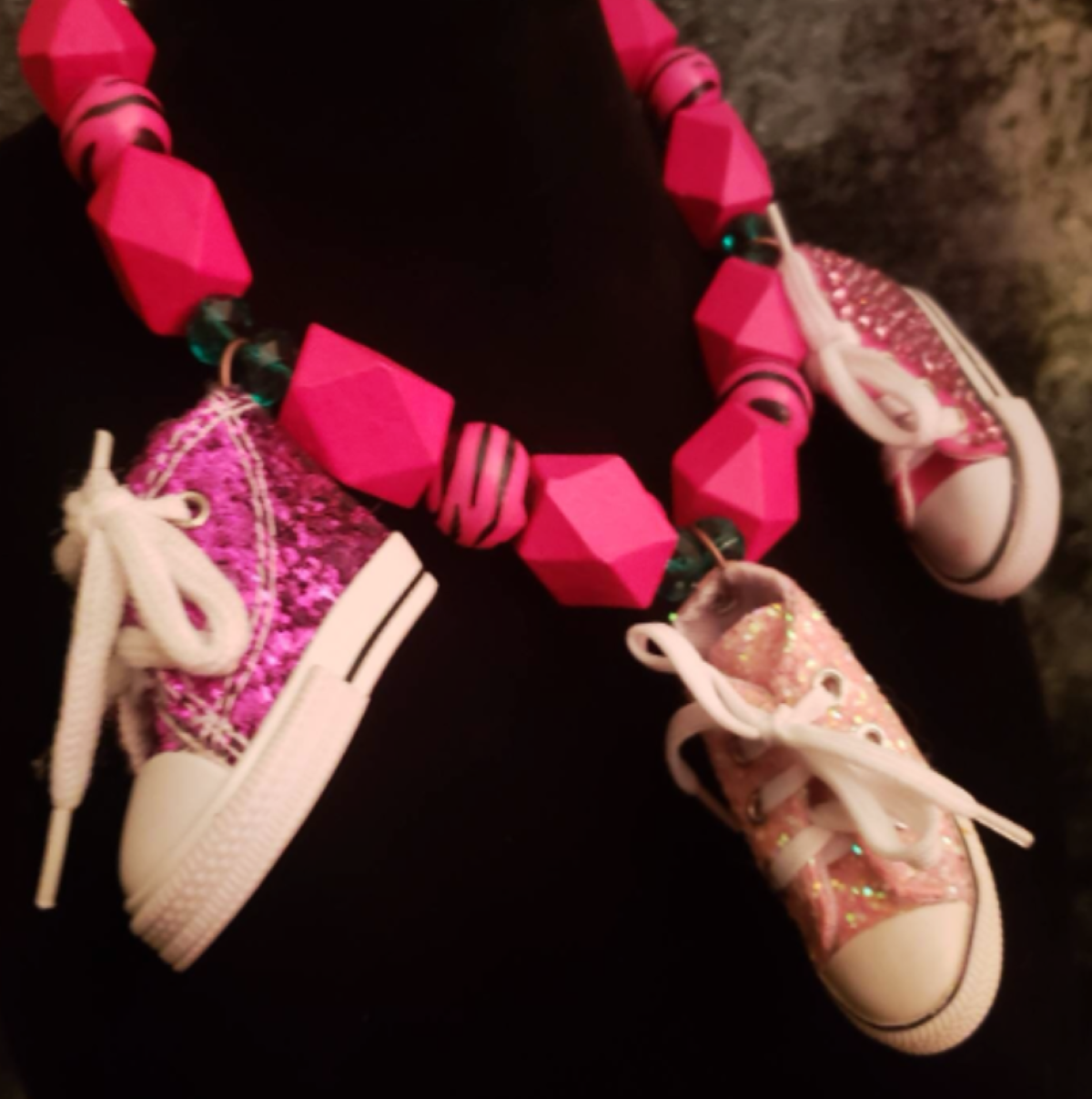 Hot Pink Beaded Whimsical Necklace with Sneaker Accents - Campy Style