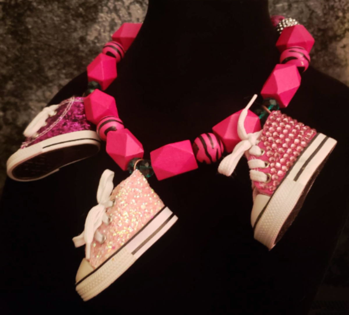Hot Pink Beaded Whimsical Necklace with Sneaker Accents - Campy Style