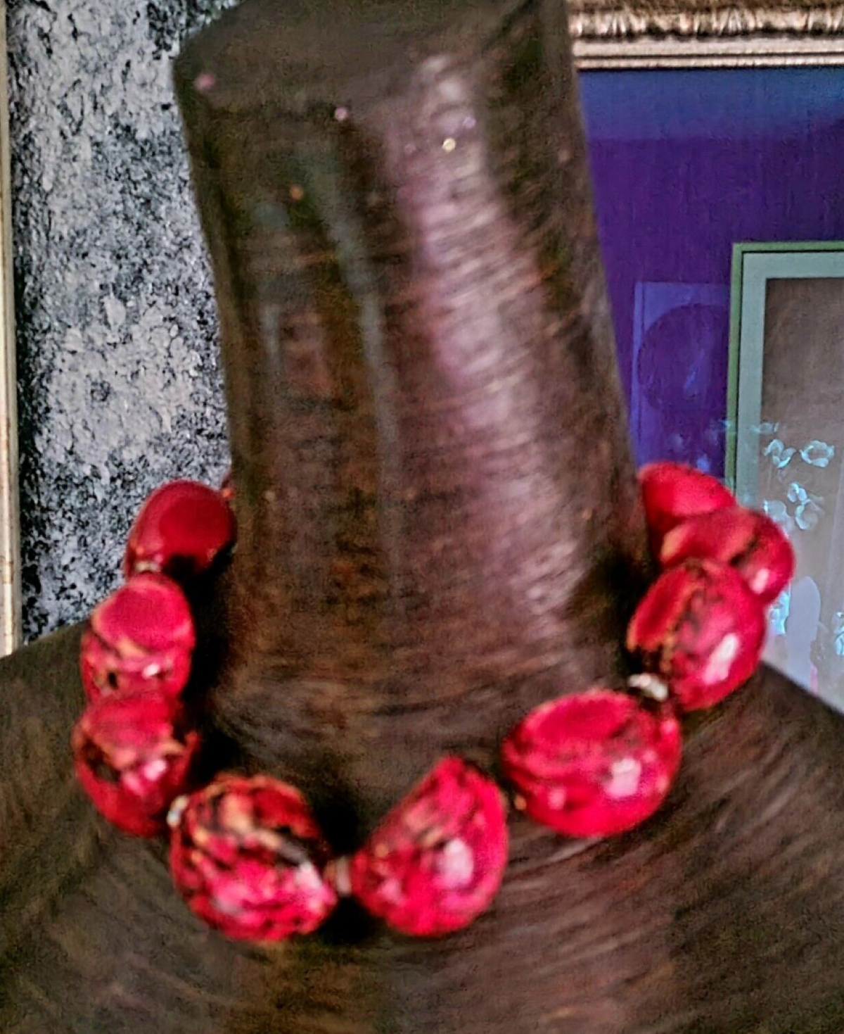 Oversized Pink Red Black Tagua Nut Statement Choker, Exotic Wild Se