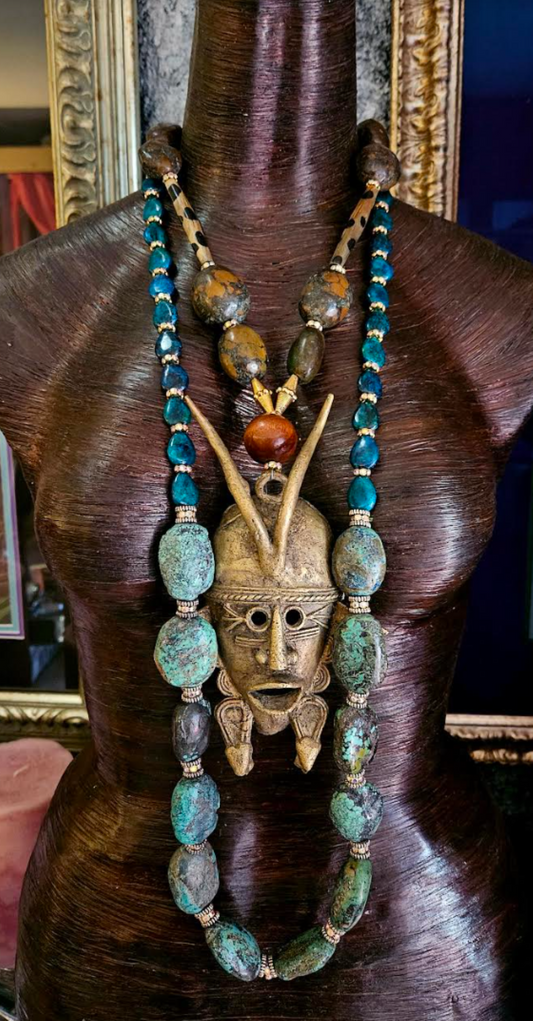 African Brass Mask Peacock Feather & Turquoise Unisex Chest Piece