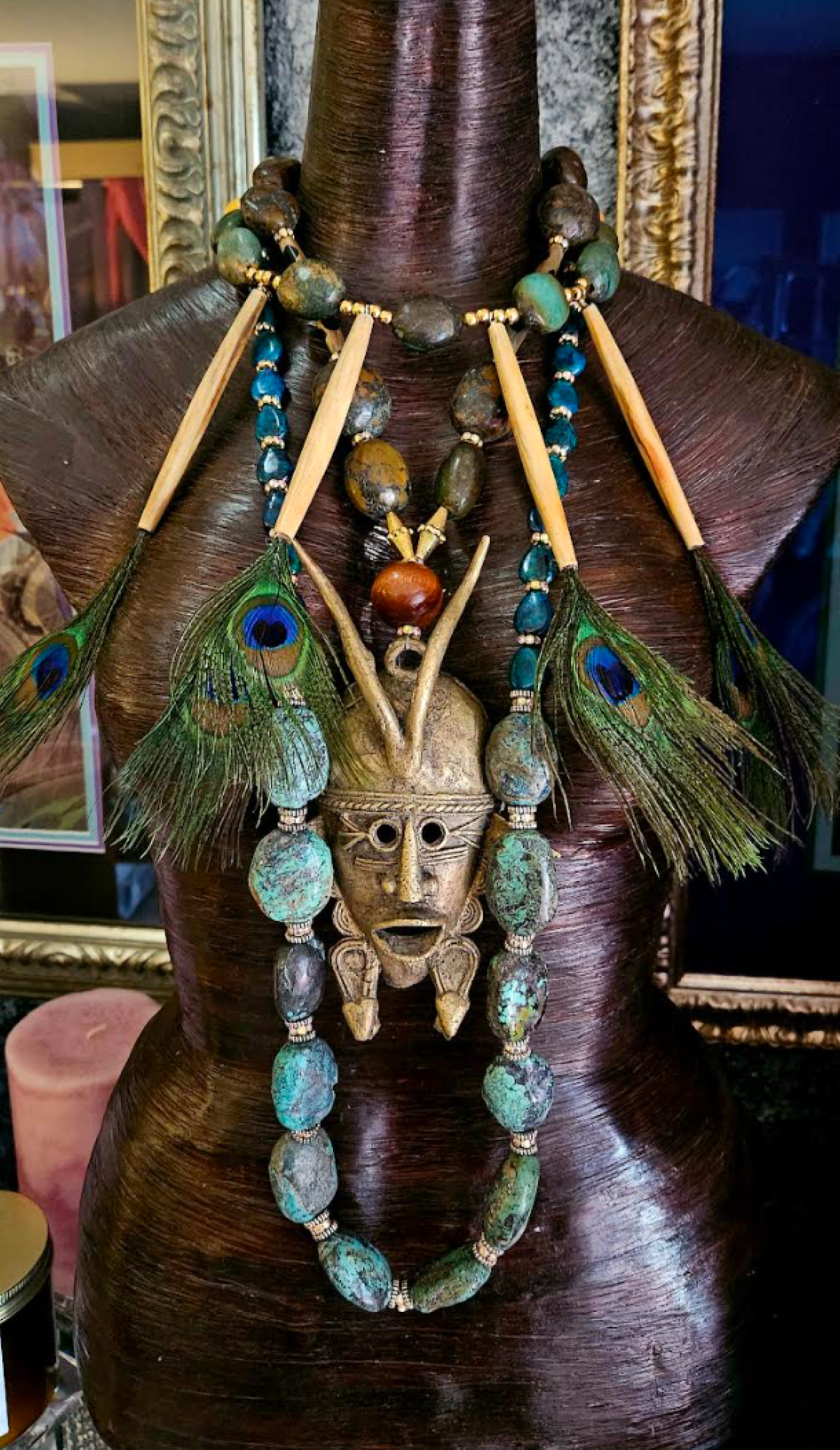 African Brass Mask Peacock Feather & Turquoise Unisex Chest Piece