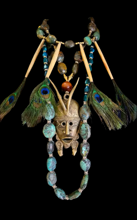 African Brass Mask Peacock Feather & Turquoise Unisex Chest Piece