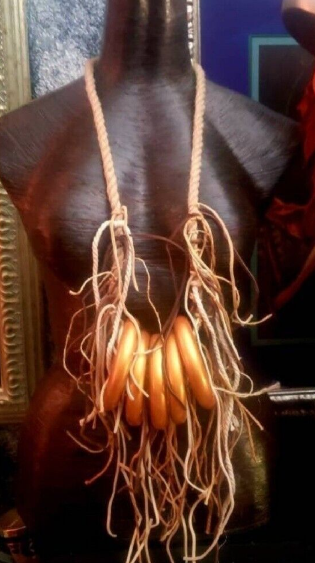 Gold Metallic Wood Ring & Hemp Rope Boho Couture Chest Piece, Mixed