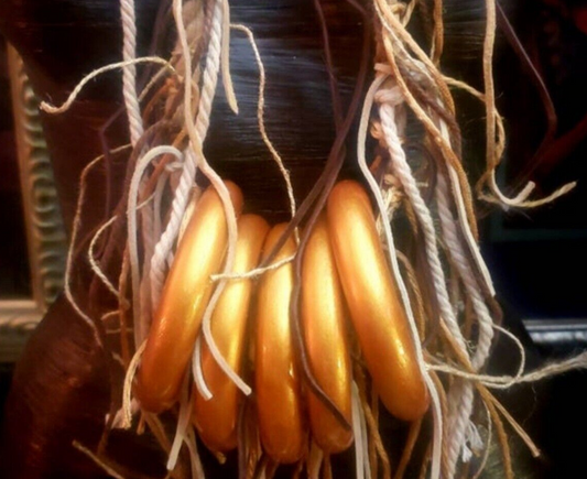 Gold Metallic Wood Ring & Hemp Rope Boho Couture Chest Piece, Mixed