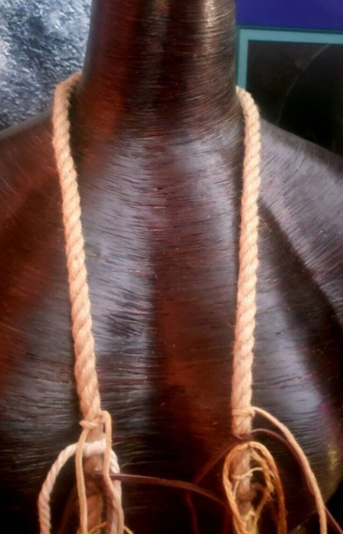 Gold Metallic Wood Ring & Hemp Rope Boho Couture Chest Piece, Mixed