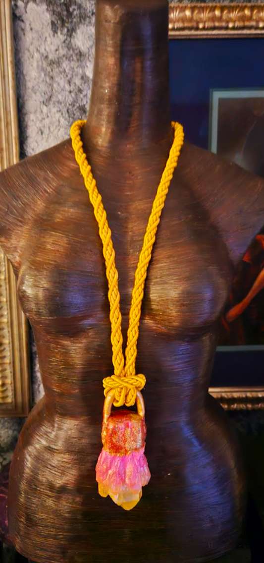 Yellow Orange & Pink Aura Quartz Gemstone Pendant With Silk Rope, Scul