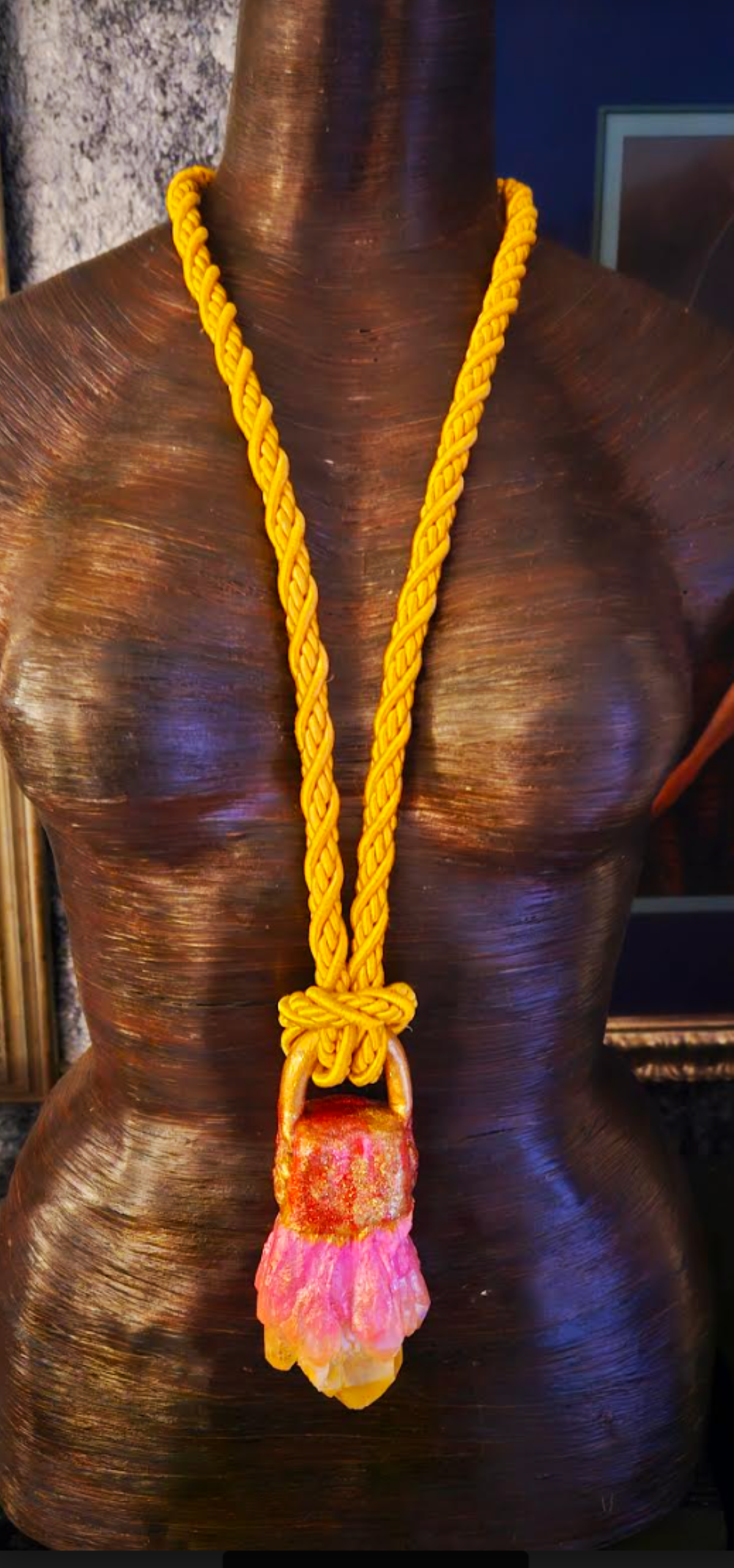 Yellow Orange & Pink Aura Quartz Gemstone Pendant With Silk Rope, Scul