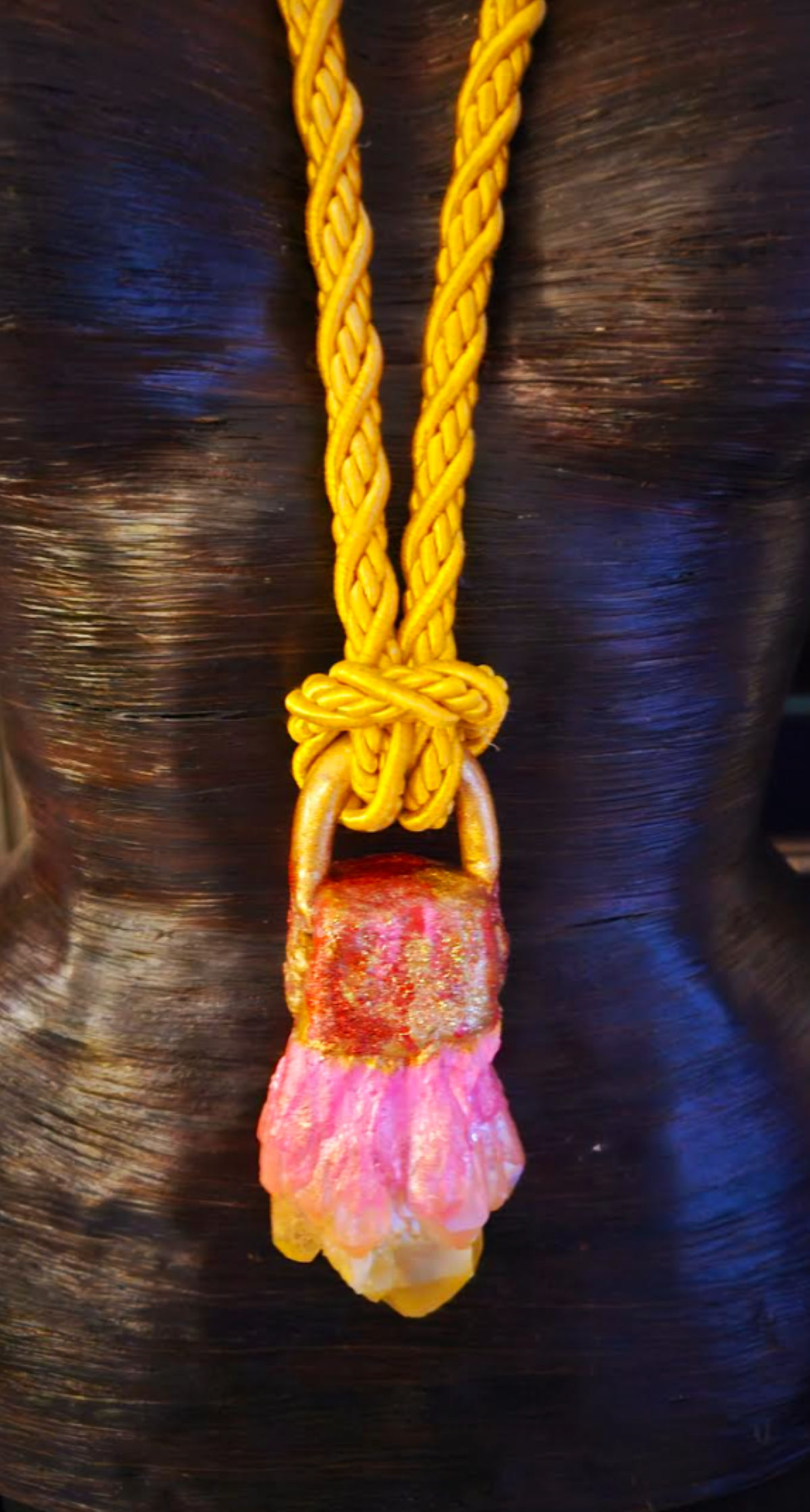 Yellow Orange & Pink Aura Quartz Gemstone Pendant With Silk Rope, Scul