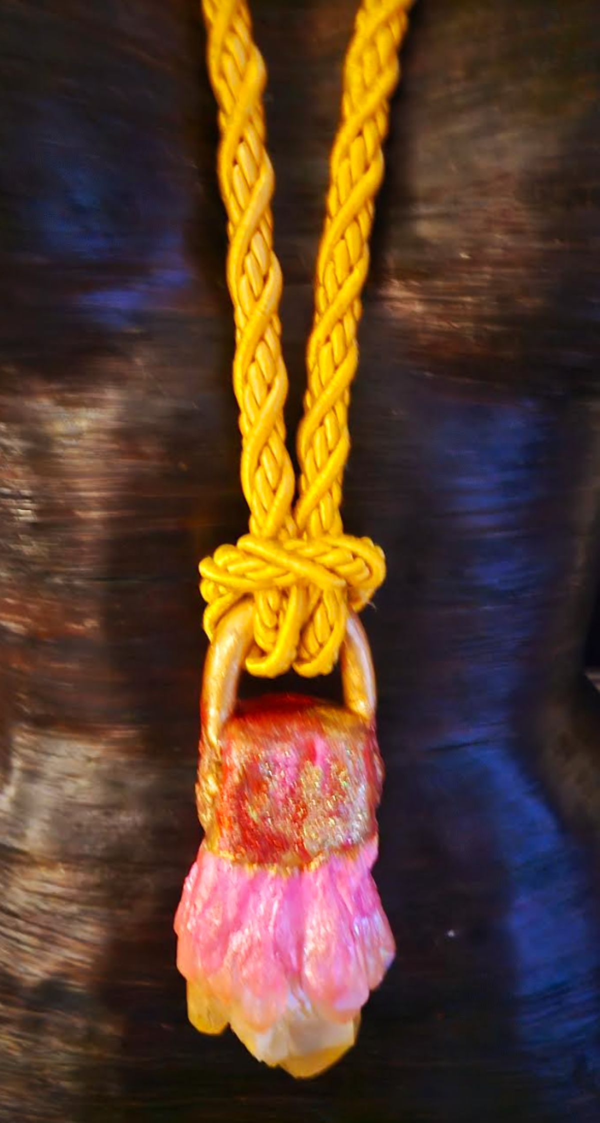 Yellow Orange & Pink Aura Quartz Gemstone Pendant With Silk Rope, Scul