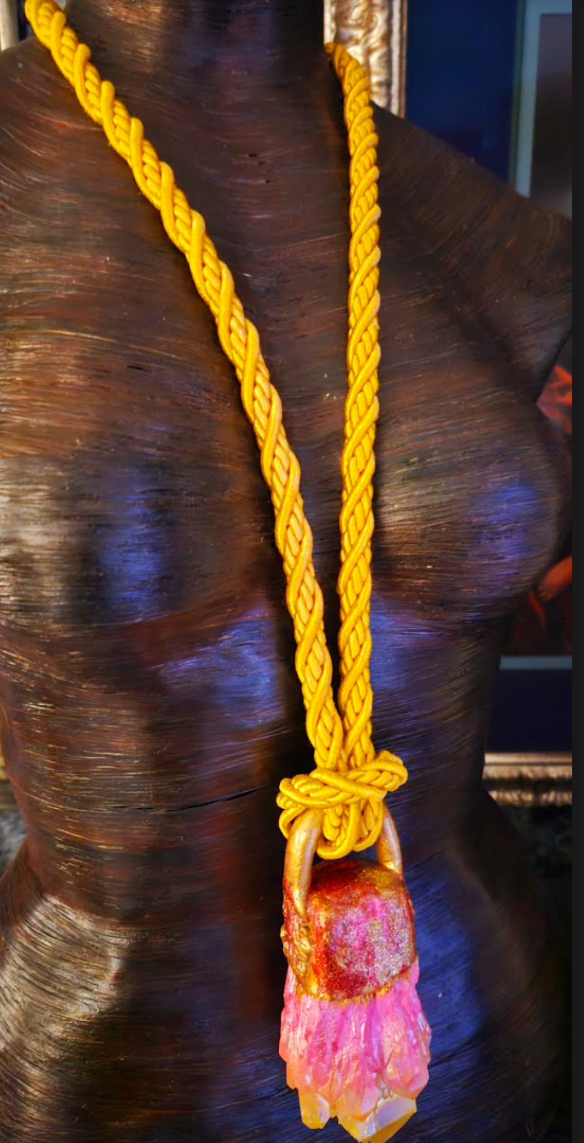 Yellow Orange & Pink Aura Quartz Gemstone Pendant With Silk Rope, Scul
