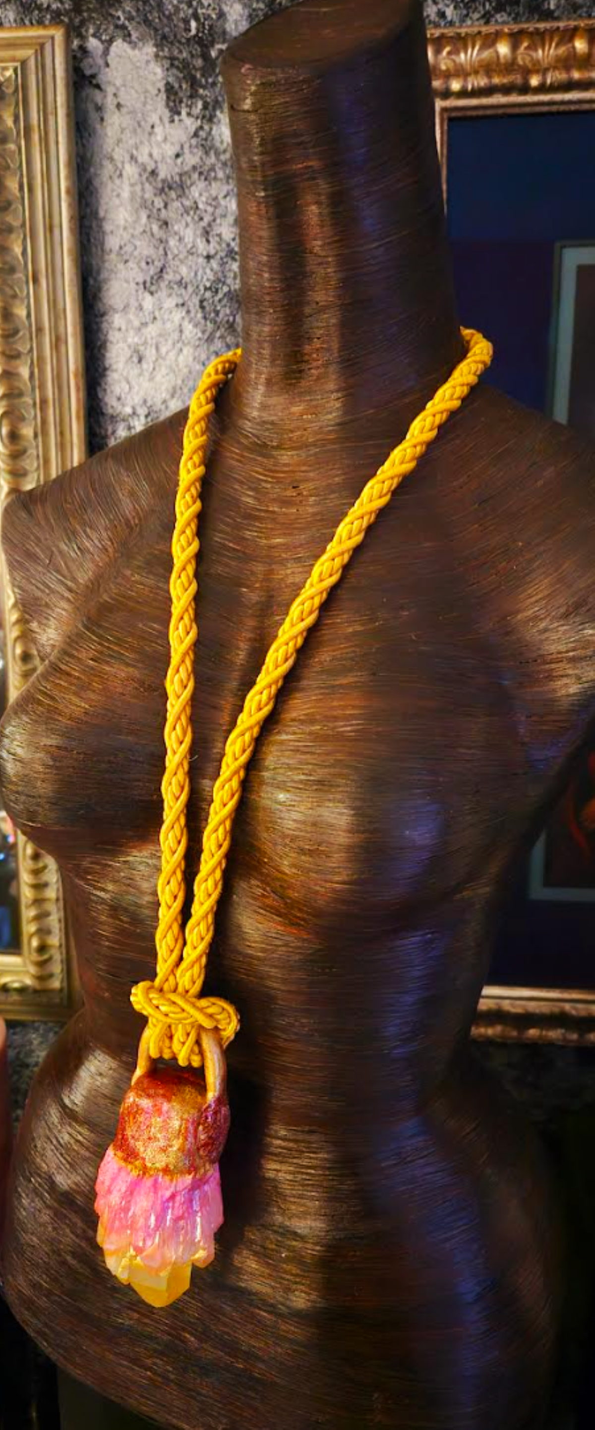 Yellow Orange & Pink Aura Quartz Gemstone Pendant With Silk Rope, Scul