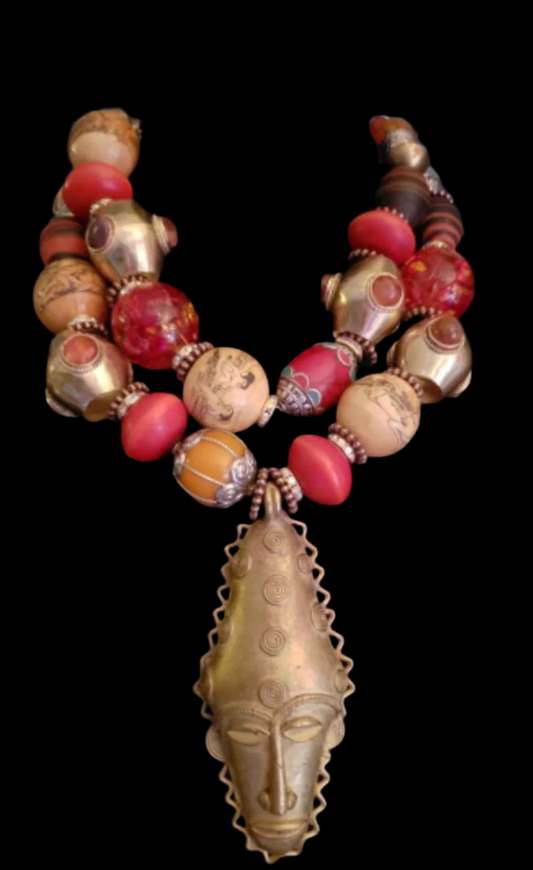 Exclusive Oversized Beaded Tribal Statement Necklace with African Mask