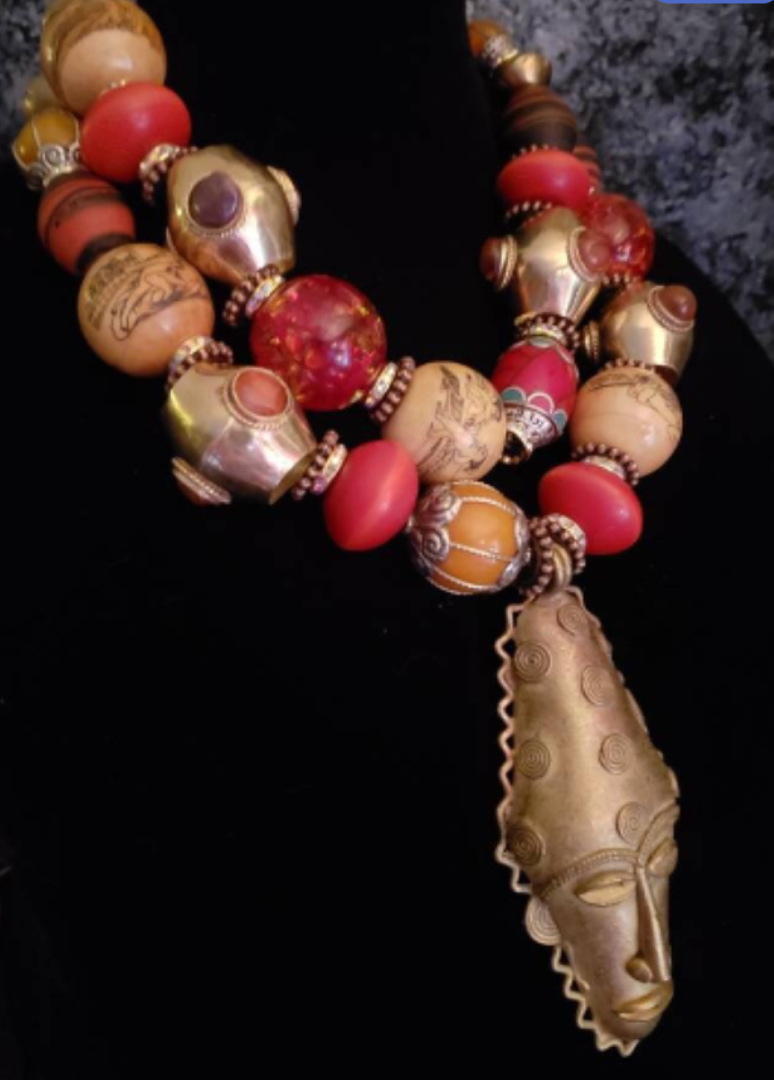 Exclusive Oversized Beaded Tribal Statement Necklace with African Mask