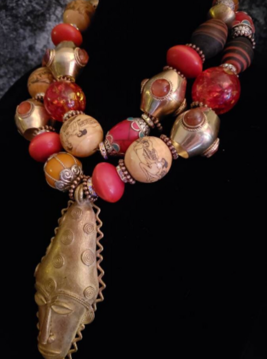 Exclusive Oversized Beaded Tribal Statement Necklace with African Mask