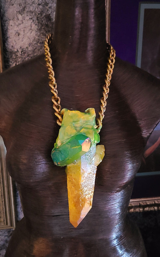 Yellow & Green Rough Aura Quartz Sculpted Statement - Warm Brass Chain