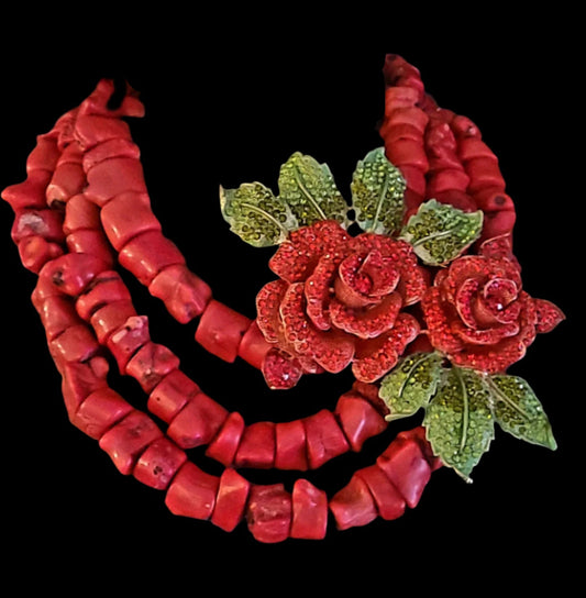 Red Coral Multi Strand Necklace - Detachable Crystal Rose