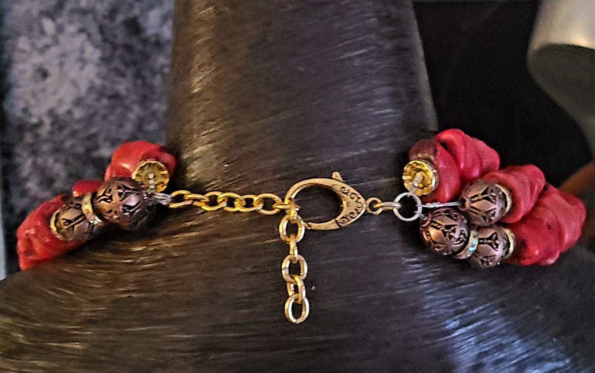 Red Coral Multi Strand Necklace - Detachable Crystal Rose