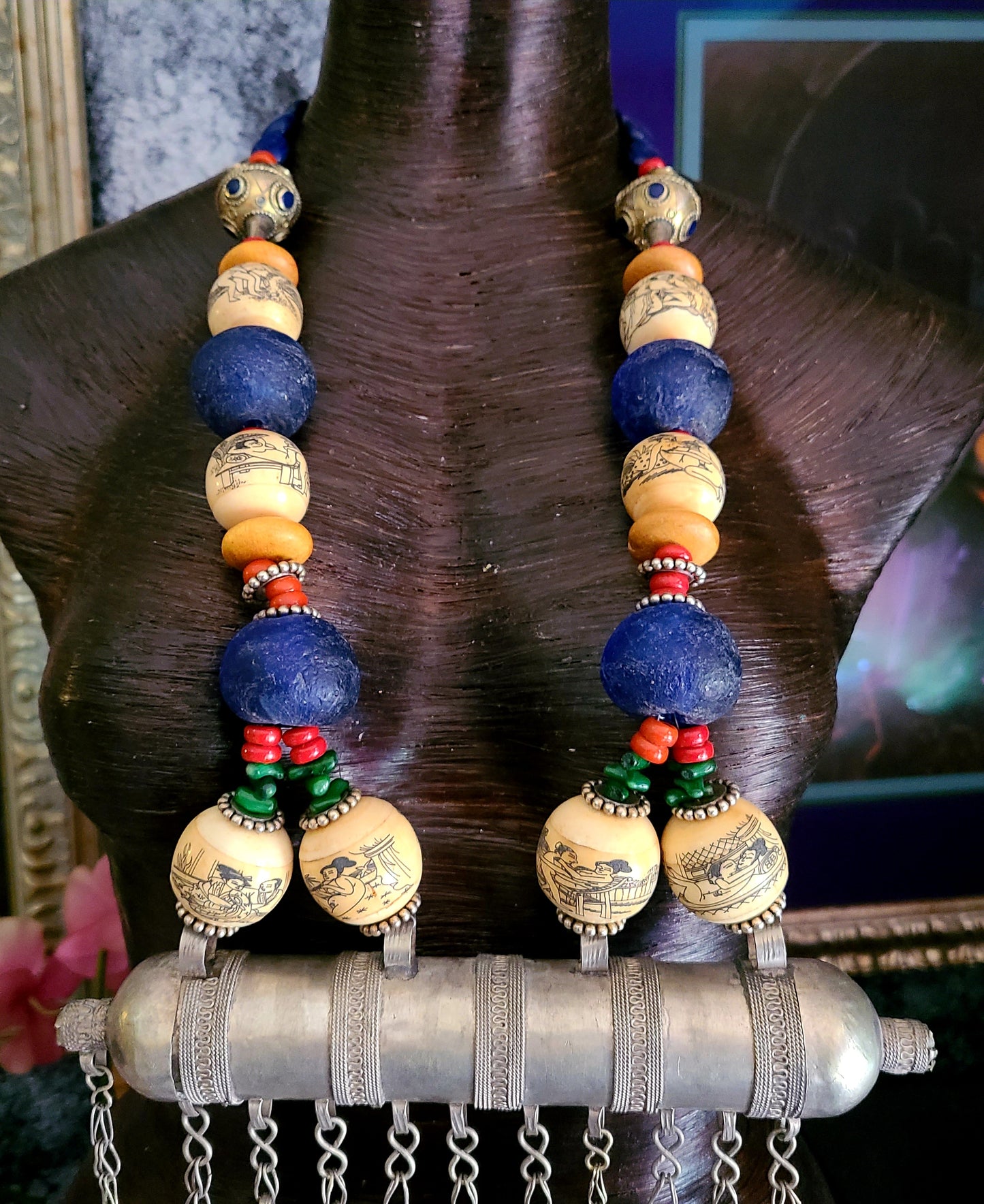 Turkmen Unisex Tribal Chest Piece & Cylinder Amulet - Erotic Scrimshaw