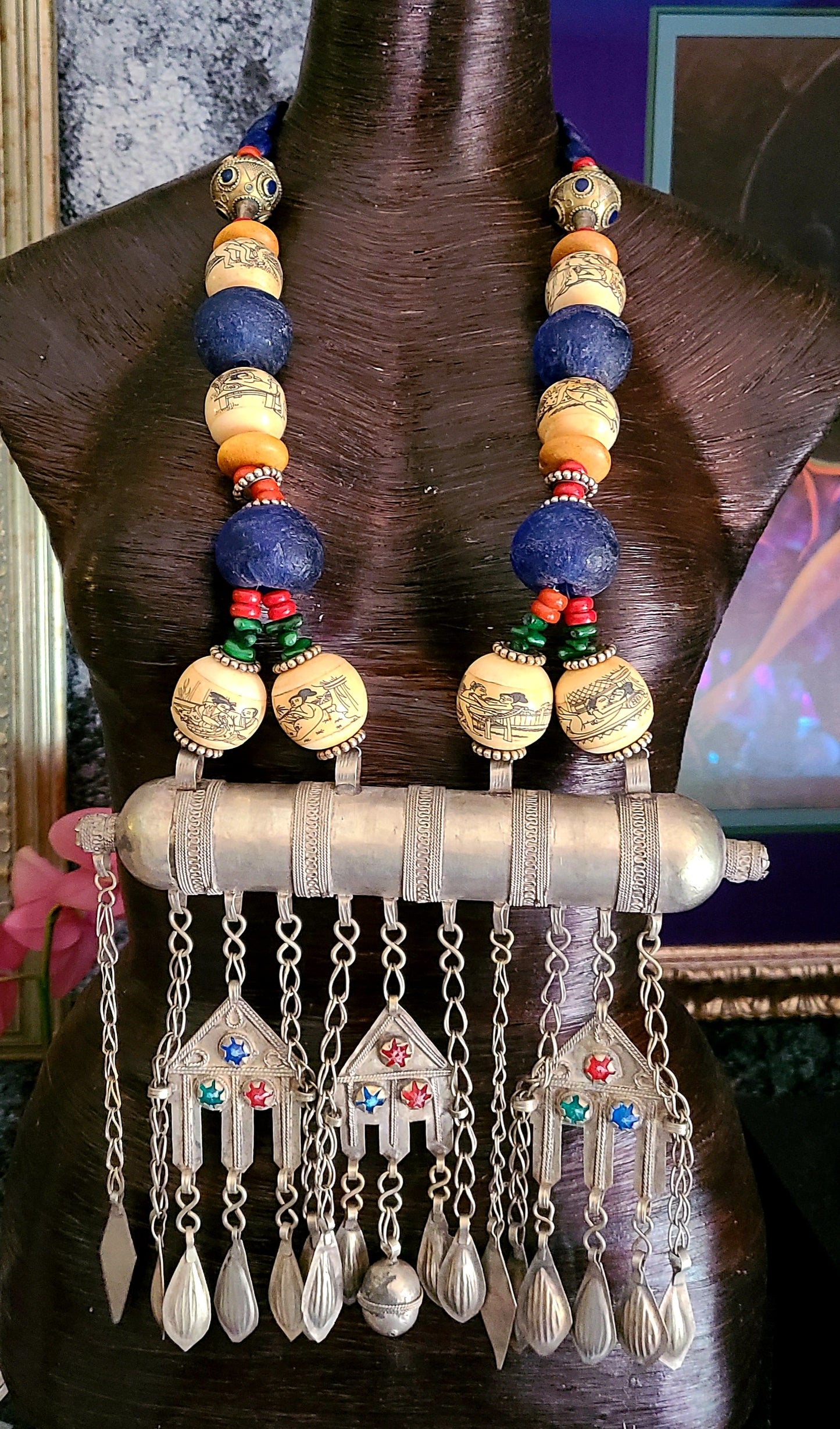 Turkmen Unisex Tribal Chest Piece & Cylinder Amulet - Erotic Scrimshaw