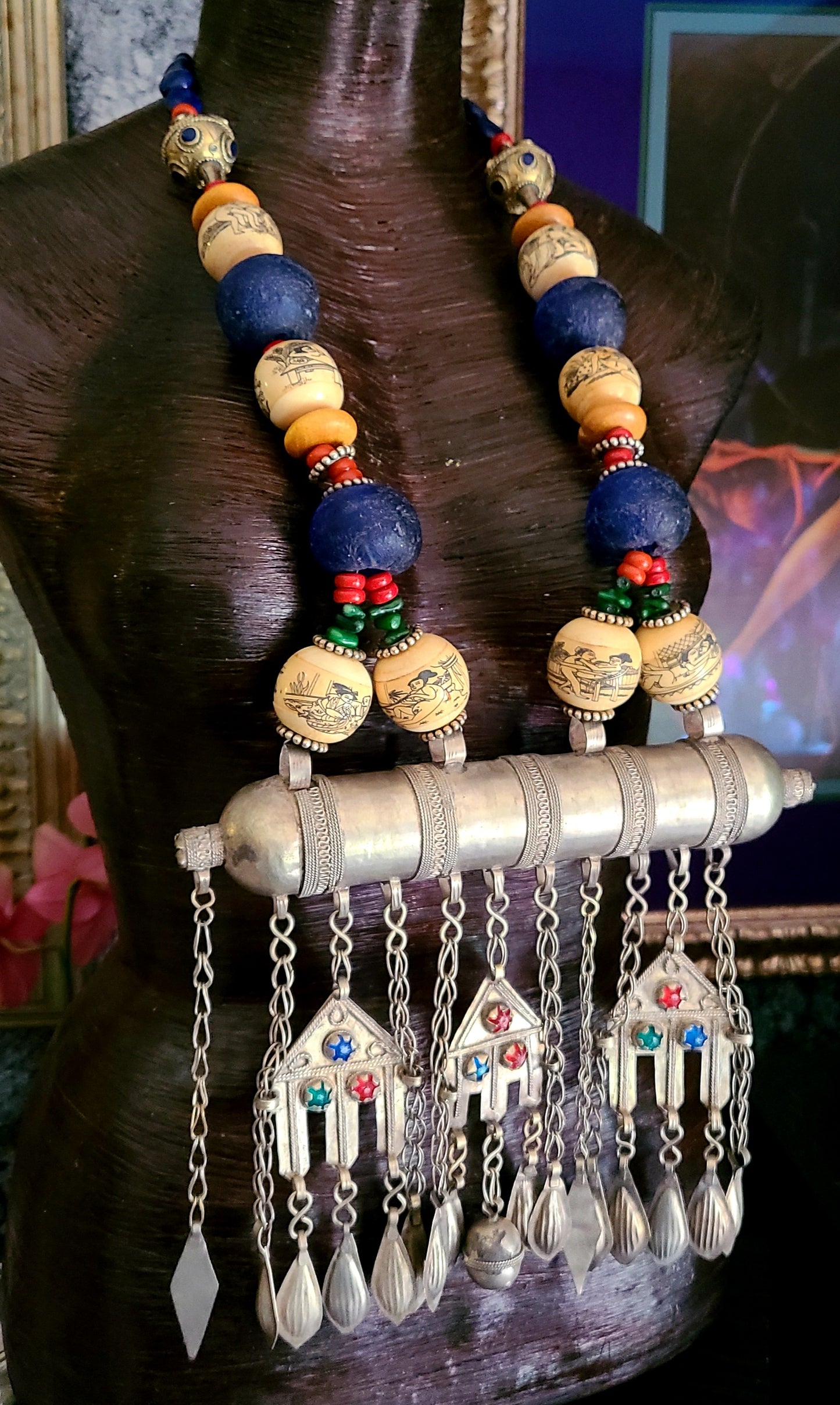 Turkmen Unisex Tribal Chest Piece & Cylinder Amulet - Erotic Scrimshaw