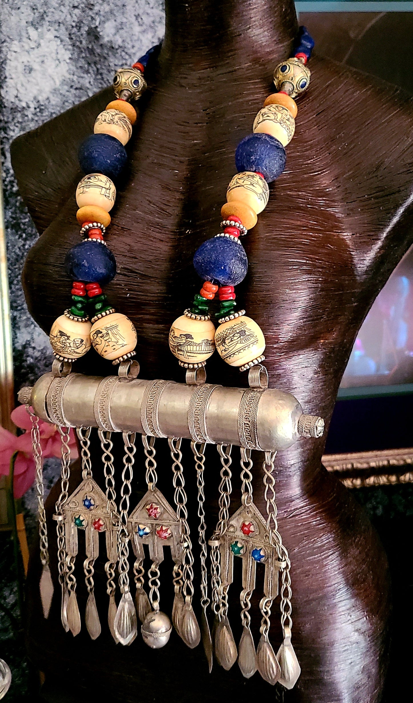 Turkmen Unisex Tribal Chest Piece & Cylinder Amulet - Erotic Scrimshaw