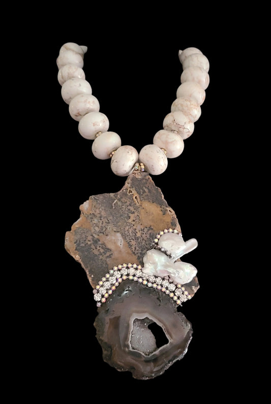 Cheetah Jasper Slab Agate Rhinestone & Pearl Chest Piece - OOAK